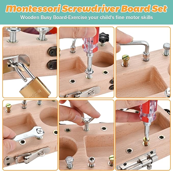 Montessori Screwdriver Board Set, Wooden Montessori Toys for 3 4 5 Year Old with Lock and Key Toy, Educational Sensory Learning Toy STEM Fine Motor Skills Toys