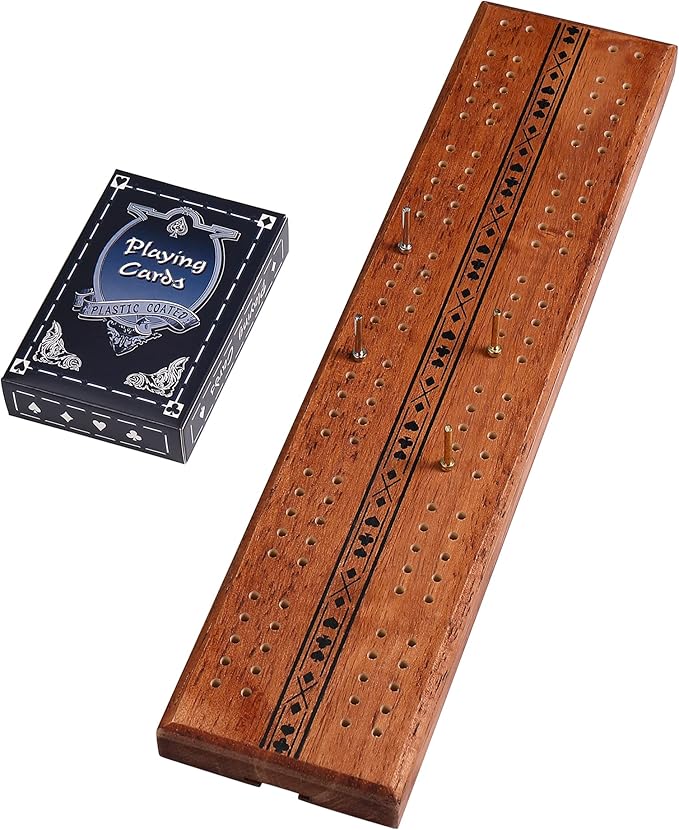 STERLING Games Wooden Cribbage 12 inch Double Track Cribbage Board Playing Cards Included, Wood Burnt Unique Poker Design Cribbage Board for 2 Persons