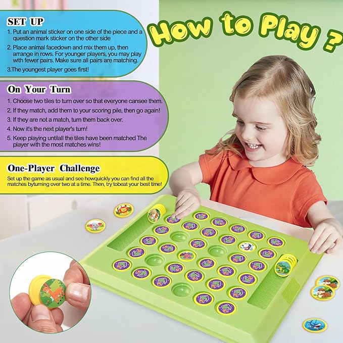Memory Matching Board Game for Kids: 36 PCS Animal Matching Chess for Kids Games 18 Pairs Memory Cards for Toddlers - Preschool Educational Learning Activities for Boys Girls Family Board Game