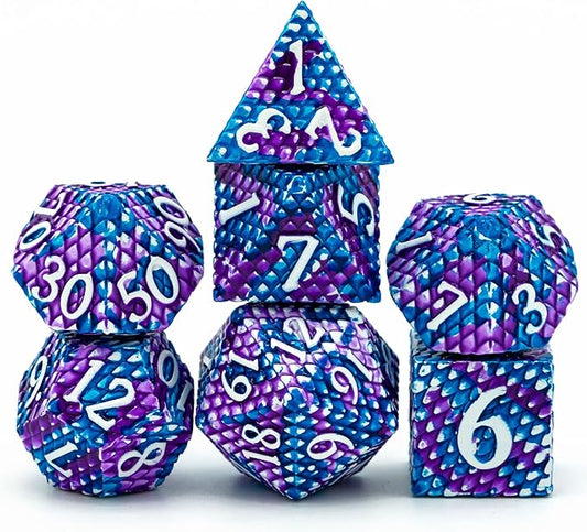 UDIXI Metal Dice Set Dragon Scale Polyhedral D&D Dice with Leather Dice Pouch for Dungeons and Dragons Role Playing Games and Other Tabletop Game (Blue with Purple)