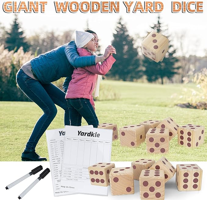 Giant Yard Dice Game Set,Wooden Classic Yard Game 3.5",Lawn Game with 2 Double Sided Scoreboard, 2 Dry Erase Marker Pens and Durable Storage Bag