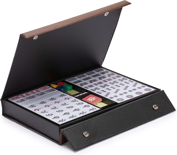 Yellow Mountain Imports Japanese Riichi Mahjong Set - Large White and Green Tiles, Vinyl Case - Includes East Wind Tile, Betting Sticks, and Dice