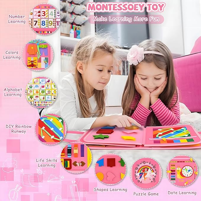 Busy Board for Toddler Girls 1 2 3 4 Montessori Busy Book Sensory Learning Toys for Girl and Boys Preschool Toys Birthday Gift (Pink)