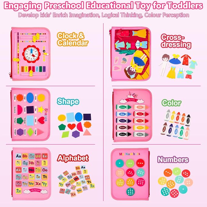 Busy Board Montessori Toys for 1-6 Year Old Toddler, Birthday Gift for Boys Girls, Busy Book for Plane Car Travel, Preschool Learning Activities Educational Toy for Learning Fine Motor Skills