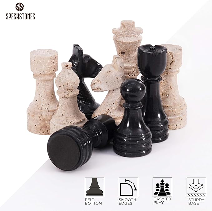 Marble Chess Pieces 3.5 Inch Travertine and Black Stone Figures for Classic Chess and Checkers Board Games Accessories, Ideal Travel Set & Strategy Play for Adults and Family