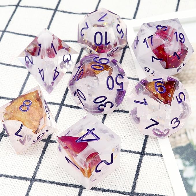 Haxtec DND Dice Set Rose Flower Sharp Edge Dice with Dice Case Handmade White Red Resin D&D Dice Set Purple Numbers for TTRPGs Dungeons and Dragons Gifts