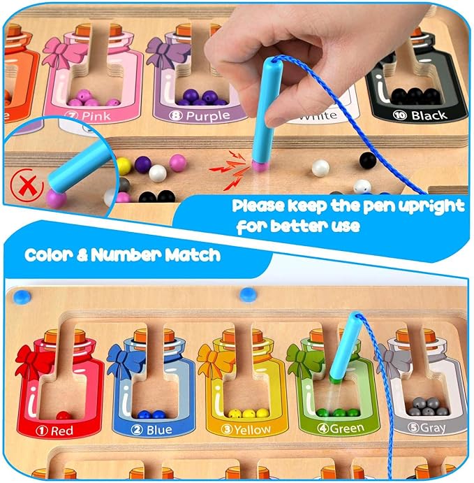 Magnetic Color and Number Maze, Montessori Toys Toddler Fine Motor Skills, Wooden Magnet Board Puzzle Game Color Sorting Counting Matching, Learning Gifts for Boys Girls 3 4 5 Years Old
