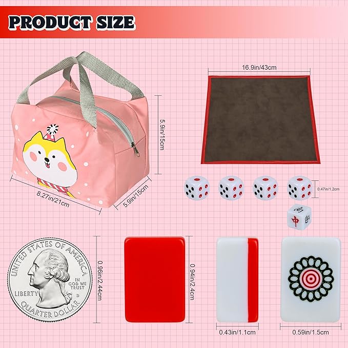 Traditional Mini Red Chinese Mahjong Game Set 144 Tiles, with Portable Handbag, Tile Size - 2.4 * 1.5 * 1.1 cm (1.0 * 0.6 * 0.5 inches)(中国麻将)