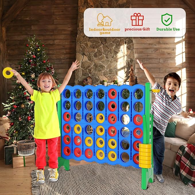 Oversized 4 in a Row Connect Game+Waterproof Carry Bag,Included-4 ft X 3.5 ft Tall,4-to-Score Jumbo with 44 Pieces Rings&Drink Holder,48” Super Size-Indoor&Outdoor Giant 4 Game for Kids&Adults