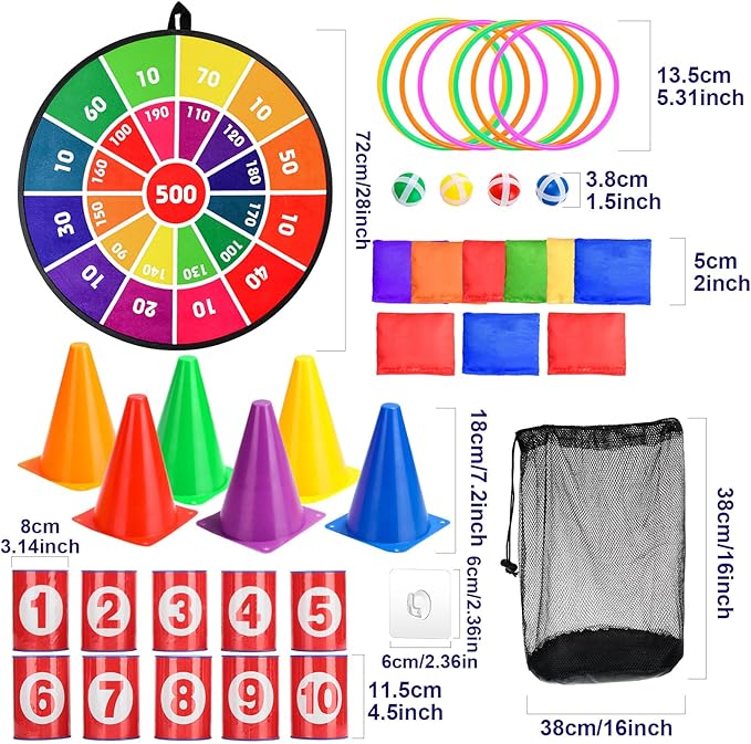 Hungdao 3 Sets Carnival Games Combo Set, Dart Board with Balls Plastic Cones Ring Bean Bags Toss Game for Boys Girls Adults Family Birthday Yard Indoor Outdoor(Bright Color,Classic Style)