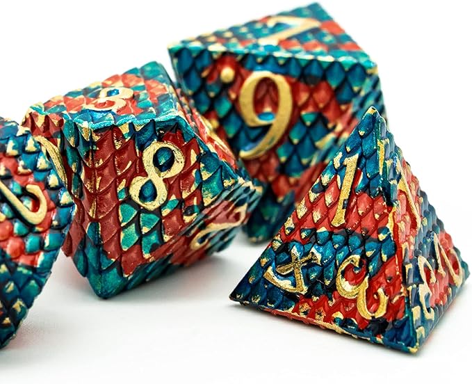 UDIXI Metal Dice Set, Dragon Scale D&D Metal DND Dice with Dice Pouch for Role Playing Games Dungeons and Dragons and Other Tabletop Game (Blue with Orange)
