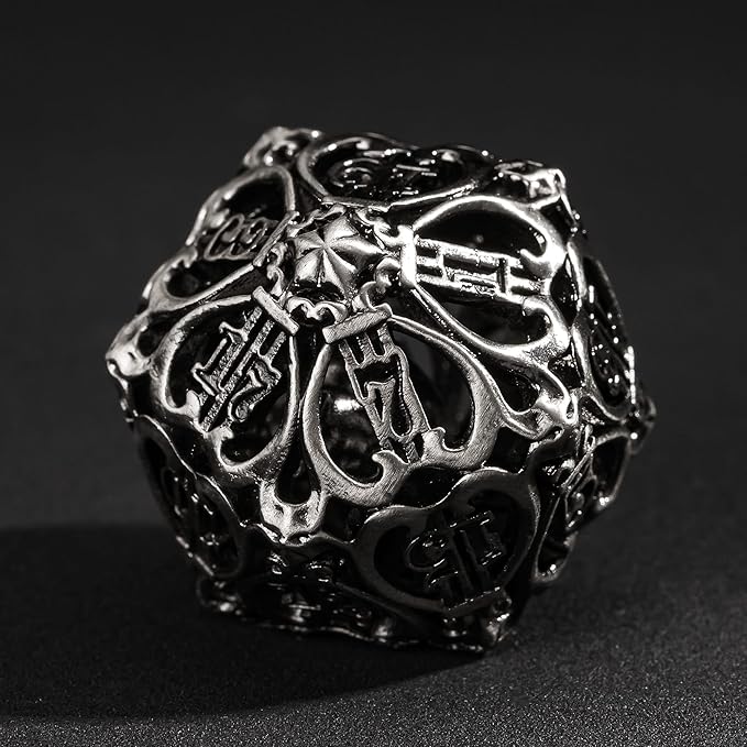 Cusdie 7-Die Metal Dice Set - Hollow Design with Bells - Crisp Sounding Gaming Dice in Tin Box - Perfect for Tabletop RPGs & Board Games(Ancient Nickel)