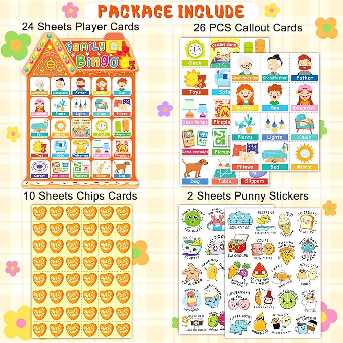 Family Bingo Game 24 Players Home Bingo Games for Family Reunion Games, Kids Bingo Cards Family Activity Party Bingo Game Supplies, Yellow
