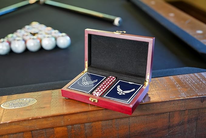 Military Gift Shop US Air Force Playing Cards & Dice in Keepsake Box - USAF Rank Insignia Cards - Air Force Gifts | Disabled Vet Owned Business | Air Force Card Set