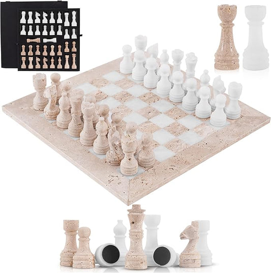 Marble Chess Set 15'' Inches Travertine and White Chess Board Games for Adults, Chess Pieces and Checkers Family Games, Travel Chess Set with 2 Extra Queens and Storage Box