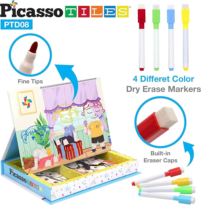 PicassoTiles 108pcs Reusable Magnetic Face Sticker Puzzle Book Drawing Board Set for Kids,Educational and Learning Activity Books, Toys & Activity, STEM Learning Toys, Early Education Toys,Gifts Boys
