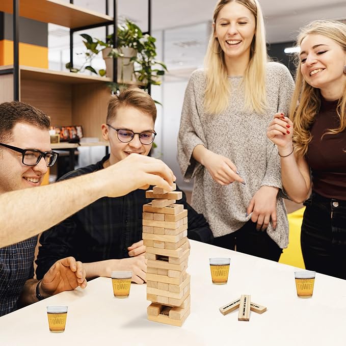 ArtCreativity Tumbling Tower Drinking Games for Adults, with 4 Glasses and 60 Wooden Blocks with Challenges, Fun House Adult Party Games for Game Night, Great Gift Idea for Everyone