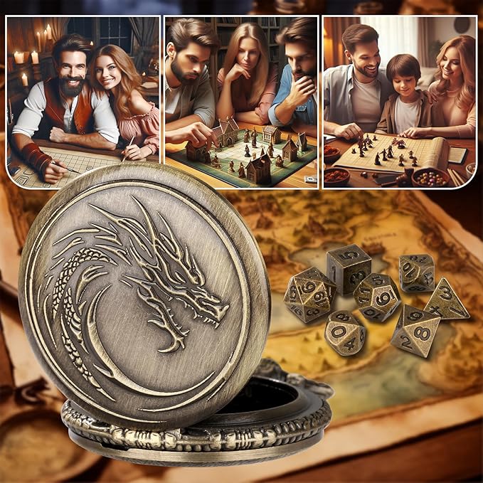 Mini DND Dice Set with Steampunk Dragon Head Totem Pocket Watch Case, Tiny 7PCS Polyhedral Metal D&D Dice, DND Gifts with Gift Box, Role Playing Game Board Game Accessories Dice, Bronze