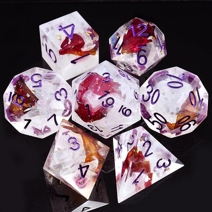 Haxtec DND Dice Set Rose Flower Sharp Edge Dice with Dice Case Handmade White Red Resin D&D Dice Set Purple Numbers for TTRPGs Dungeons and Dragons Gifts