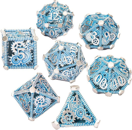 DND Metal Dice Set, UBEUCK 7PCS Gear Metal DND Dice Set for Dungeons & Dragons Board Games Boxes(Gear Solid Blue)
