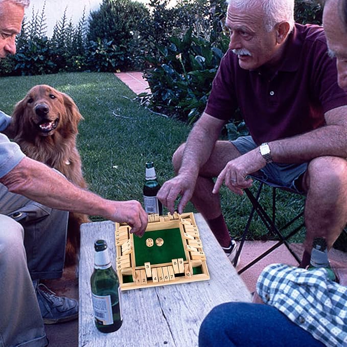 AMEROUS 1-4 Players Shut The Box Dice Game,Classic 4 Sided Wooden Board Game with 10 Dice and Instructions for Kids Adults, Tabletop Version