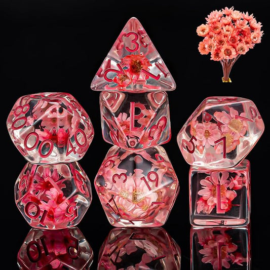 Flower Resin D&D Dice Set, 7pcs Polyhedral Dice for Dungeons and Dragons, RPG, MTG, Role Playing Games (D4, D6, D8, D10, D12, D20, D%)