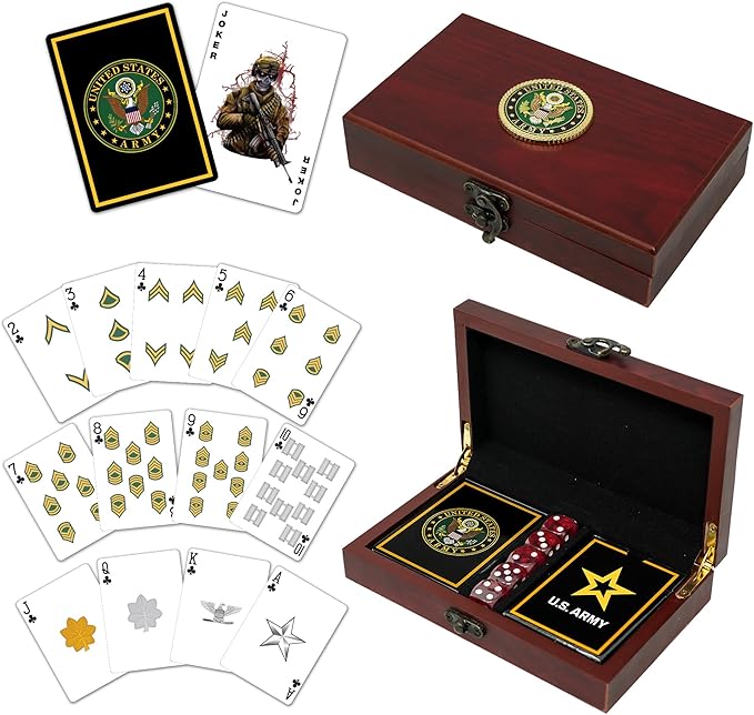 US Army Gift Set | Playing Cards & Dice | Army Rank Insignia Cards | US Army Gifts | Disabled Veteran Owned Business | Army Card & Dice Set