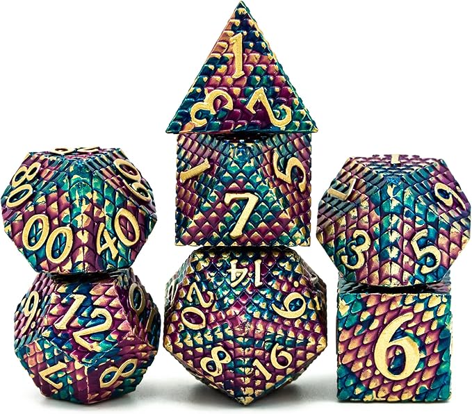 UDIXI DND Metal Dice Set Dragon Scale, D&D Dice Metal for Role Playing Games, Polyhedral Dice Set DND for Dungeons and Dragons (Blue Purple-Golden Number)