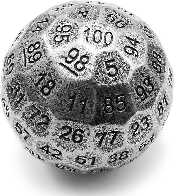 Bescon Solid Metal 100 Sided Dice, Game Dice D100, Giant Polyhedral Metal 100 Sides Dice 50MM in Diameter (1.97in), Ancient Silver