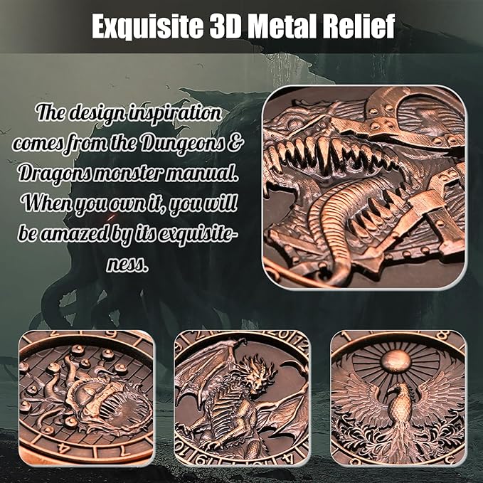 DND Spinner Dice, 7 in 1 Unique Metal Dice Set with 3D Relief for Dungeons and Dragons Gifts, Cool Polyhedral Role Playing Game Dice, Fantasy D&D Tabletop RPG Accessories for DM & Player (Copper)