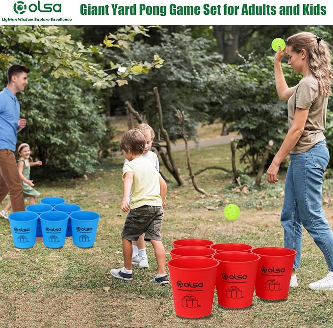 OLSA Giant Yard Pong Yard Games, Toss Family Party Set with 12 Buckets, Balls & Strength Carrying Bag for Beach Camping Lawn Backyard, Outdoor Games for Kids Adults and Family (Blue&Red)