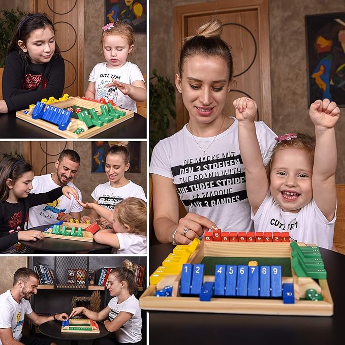 Wooden Shut The Box – Indoor Dice Game – Ideal for 2-4 Players – Great Family Game – Colorful Design - Comfortable Felt – Smart Math Game for Kids – Fun Learning Board Game - Nice Gift Packaging