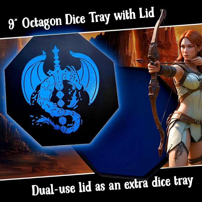 Blue Fire Dragon Dice Tray with Dice Sword and Wizard Book Artwork – 9" Octagon with Lid, Holds 5 Dice Sets – Perfect for D&D, Pathfinder, Call of Cthulhu, and All Tabletop RPGs