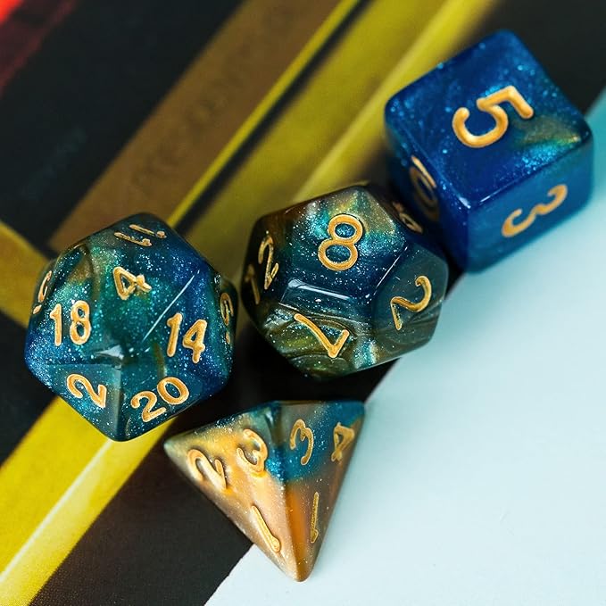 7-Die DND Dice Set Polyhedral Dice Set with a Leather Dice Bag, D&D Dice Set for Dungeons and Dragons, RPG, MTG Table Games (Blue Yellow/Glitter)