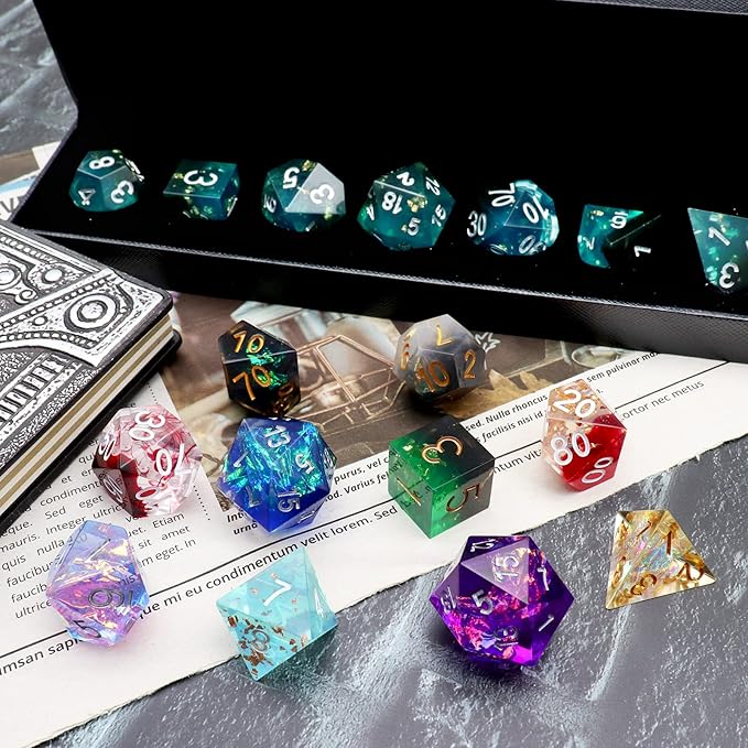 Haxtec Mystery DND Dice Set Sharp Edge Resin Dice with Dice Case Handmade Polyhedral D&D Dice Set for TTRPG Dungeons and Dragons DND Gifts