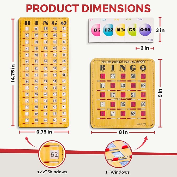 MR CHIPS Jam-Proof Bingo Cards with Sliding Windows, 50 Reusable Shutter Cards, 75 Calling Cards 1 Master Board in Woodgrain Style