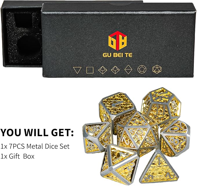 Metal DND Dice Set,Colorful Dragon Scales DND Dice 7-Pcs Metal Polyhedral Dice Set for Dungeons and Dragons RPG MTG Table Games(Silver-Gold)