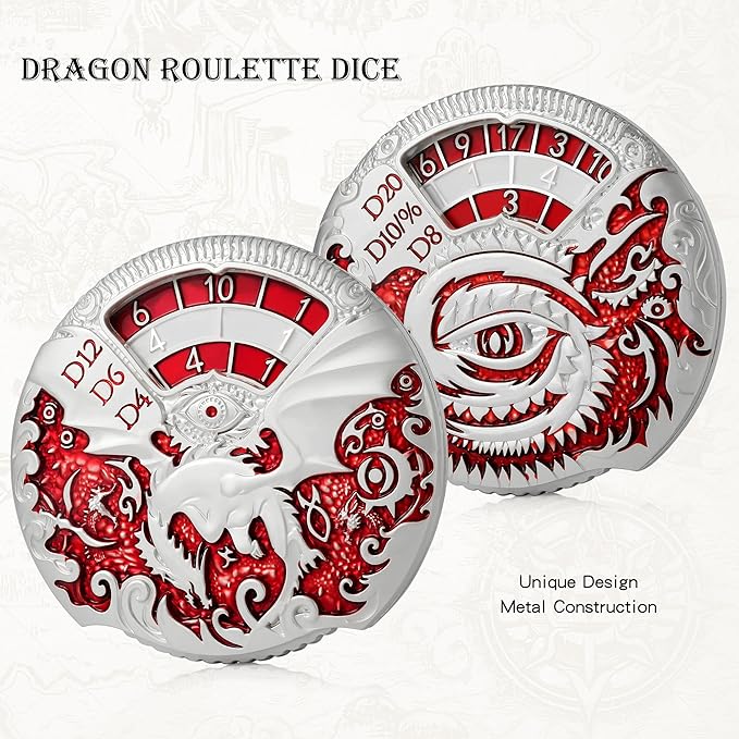 DND Spinner Metal Dice Set DNDND 7-in-1 Spinner D&D Dice Set with Luxurious Gift Box for Dungeons and Dragon and Tabletop Game (Silver with Red)