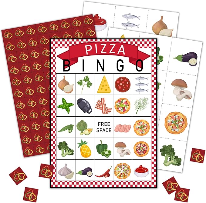 Pizza Bingo Party Games with 24 Players, Pizza Party Time, Birthday Party Games Card, Family Activities Bingo Cards for Women Men Birthday Party Supplies, Party Favors Gifts for Friends - FS178