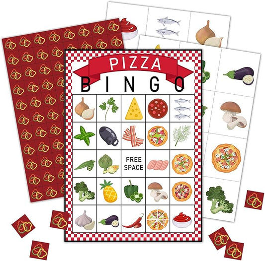 Pizza Bingo Party Games with 24 Players, Pizza Party Time, Birthday Party Games Card, Family Activities Bingo Cards for Women Men Birthday Party Supplies, Party Favors Gifts for Friends - FS178
