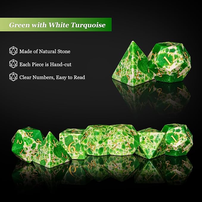 UDIXI Green with White Gemstone Dice Set D&D 7PCS Stone DND Dice Polyhedral Dice Set for Dungeons and Dragons Role Playing Games Tabletop Games