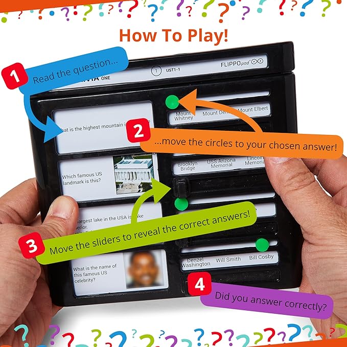 Quiz Device Game - USA Trivia Quiz Game - 25 Cards - 200 Questions - Educational & Fun - Ideal Travel Games for Kids - Family Quiz Games - Portable Pack - Age 6+