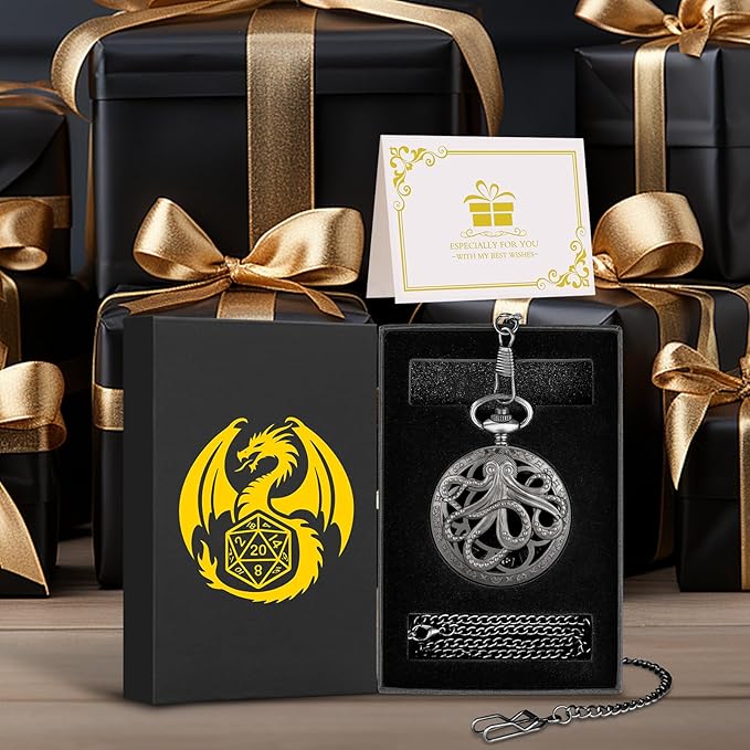 Mini DND Dice Set Steampunk Hollow Octopus Pocket Watch Shell Case, 7pcs Polyhedral Metal D&D Dice Set, DND Gifts with Gift Box, Role Playing Board Games Accessories Dark Silver