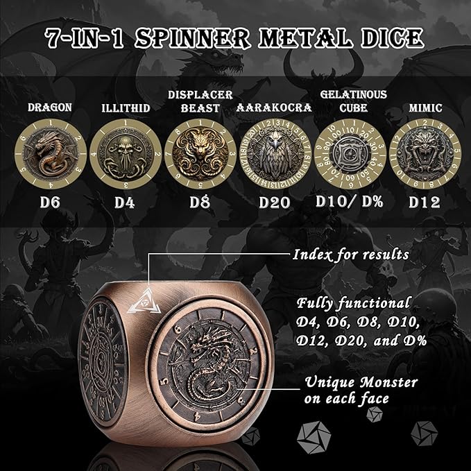 Haxtec Spinner Dice 7-in-1 Metal DND Dice Set Unique Dice Spinner Goblins Metal D&D Die for Dungeons and Dragons DND Gifts