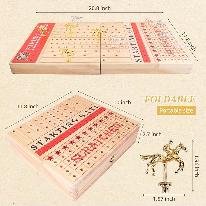 Horse Racing Board Game Set for Adults ， 21-Inch Foldable Solid Wood Adult Board Games with 11 Metal Horses, 2 Dice, and 2 Boxes of Cards for Adults Family Game Night Tabletop Game Party