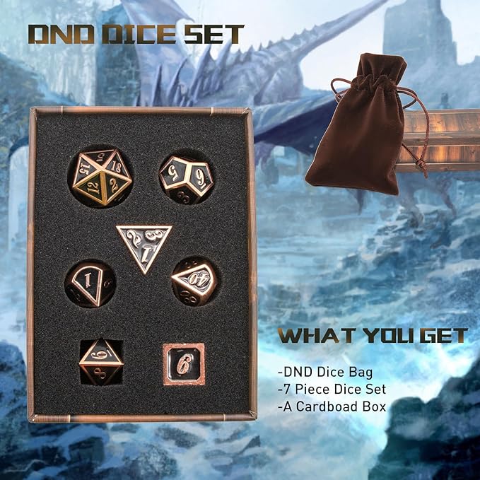 DND Dice Set, D&D Polyhedral Dice Metal HNCCESG for Dungeons and Dragons Role Playing Board Table Game Warhammer Pathfinder Shadowrun RPG MTG Tabletop Gaming D20 D12 D10 D8 D6 D4（Copper Black）