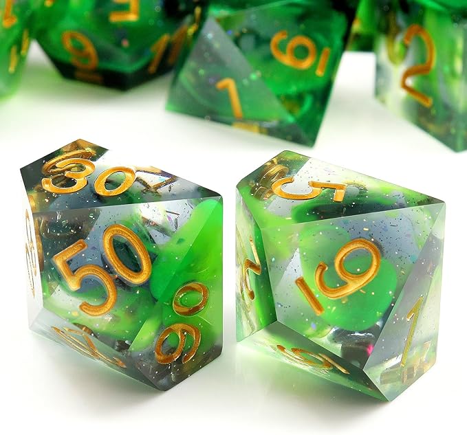 Haxtec Glitter DND Dice Set Sharp Edge Dice with Dice Case Handmade Green Resin D&D Dice Set for TTRPGs Dungeons and Dragons Gifts