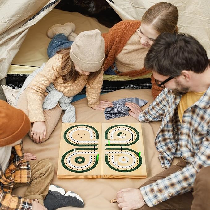 Foldable Wooden Cribbage Board Set, Unique 3-Track Travel Board with Storage & Magnetic Closure, 9 Multi-Colored Pegs, Full Playing Card Deck, Portable Family Game for Adults, Kids, Gatherings & Gifts
