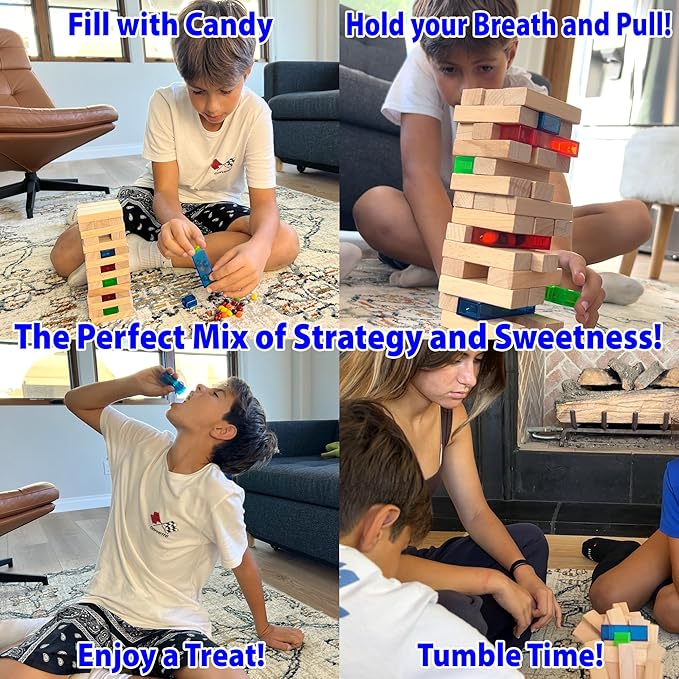 Funwares Wooden Blocks Stacking Game, Tumbling Tower and Balance Game, Family & Party Fun, Game for Kids and Adults, Ages 6+, Candy Stack - Add a Candy Twist to Stacking Games
