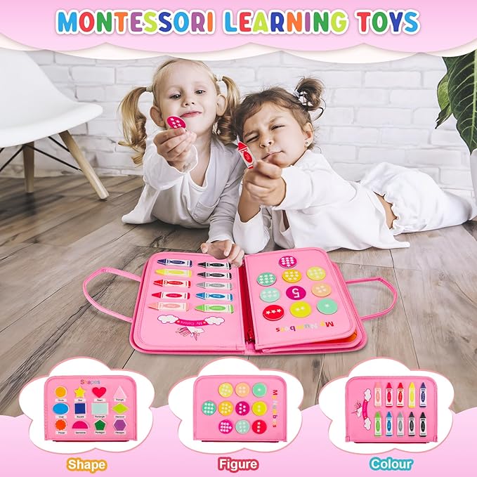 Busy Board Montessori Toys for 1 2 3 4 Year Old Boys & Girls, Sensory Board for Toddlers 1-3, Preschool Activities for Learning Fine Motor Skills, Gifts for Girls Boys, Travel Toys for Airplane Car